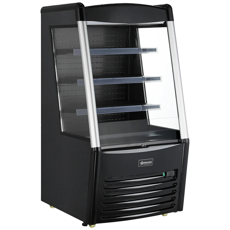 Omcan 47515 black 28-inch grab-and-go open air refrigerated merchandiser with glass sides, 3 shelves and LED lighting, angled view