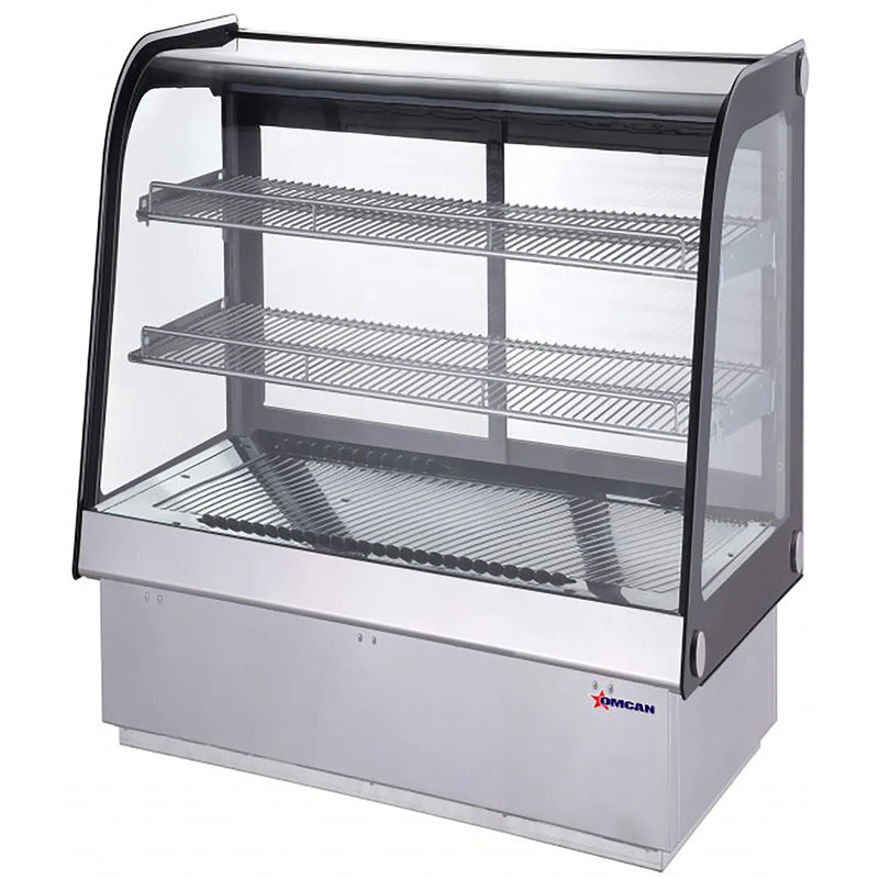 Omcan 47560 countertop 28-inch drop-in refrigerated pastry display case with curved glass and two wire shelves