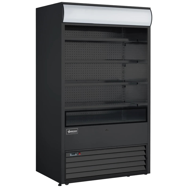 Omcan 48266 black 48-inch grab-and-go open air refrigerated merchandiser with glass sides, 4 shelves and lit canopy, angled view