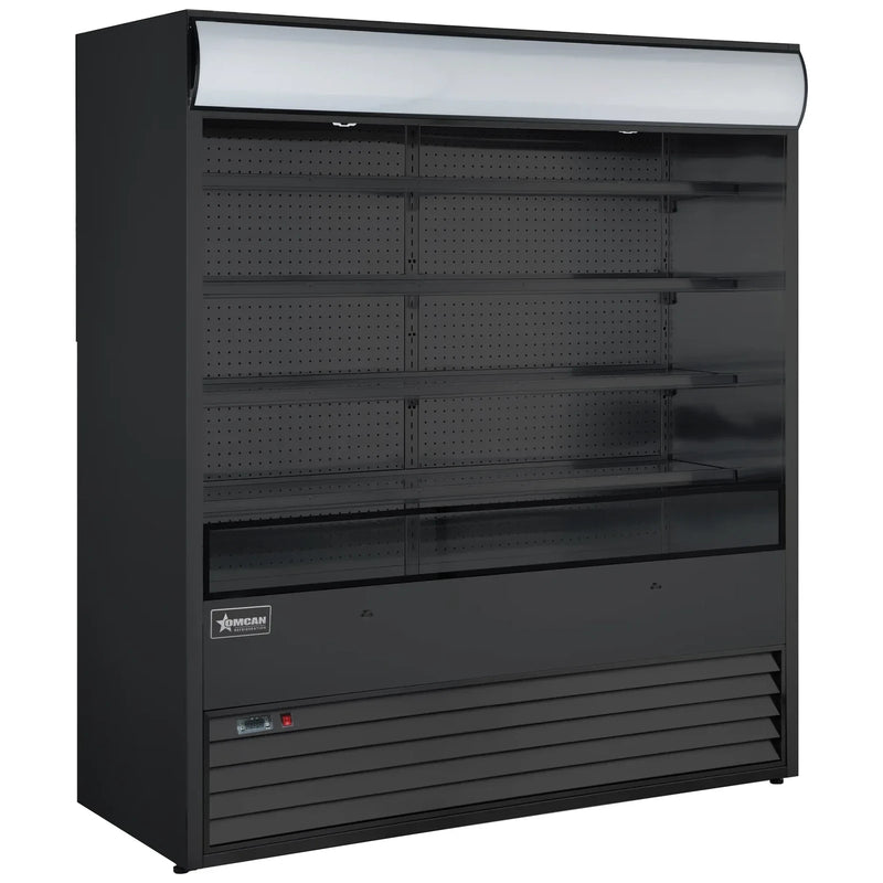 Omcan 48269 black 72-inch grab-and-go open air refrigerated merchandiser with glass sides, 4 shelves and lit canopy, angled view