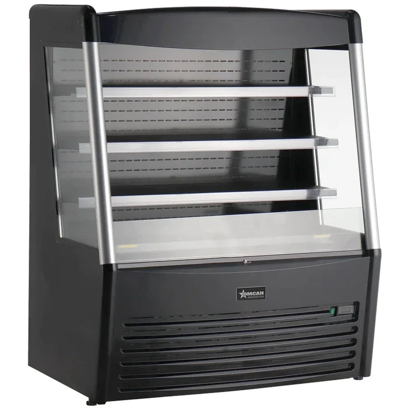 Omcan 48272 black 48-inch grab-and-go open air refrigerated merchandiser with glass sides, 3 shelves and LED lighting, angled view