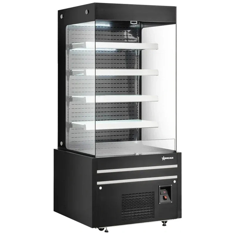 Omcan 48377 black 36-inch grab-and-go open air refrigerated merchandiser with glass sides, four shelves and lit canopy, angled view