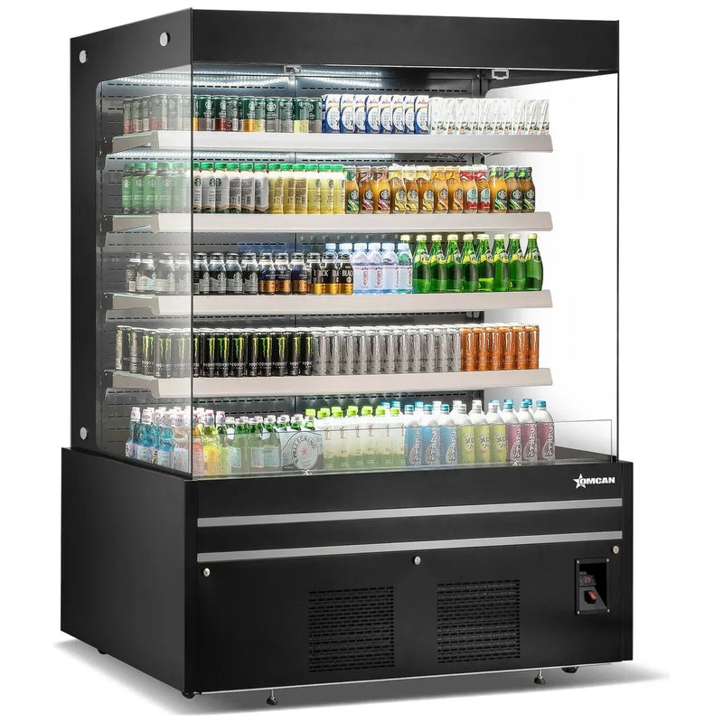 Omcan 48379 black 60-inch grab-and-go open air refrigerated merchandiser stocked with bottled drinks on four lit shelves, angled view
