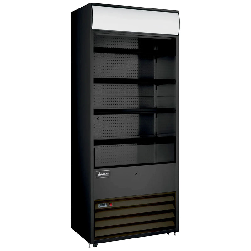 Omcan 48480 black 30-inch grab-and-go open air refrigerated merchandiser with 4 shelves and lit canopy, angled view