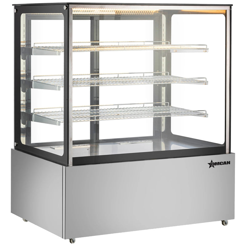 Omcan 49297 48-inch square glass floor display warmer with 3 shelves and stainless steel base, angled view