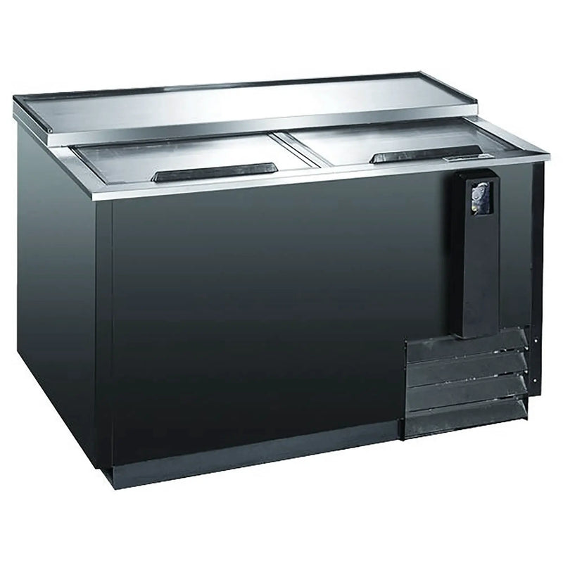 Omcan 50040 commercial 64-inch horizontal bottle cooler in black with stainless steel sliding lids, angled view