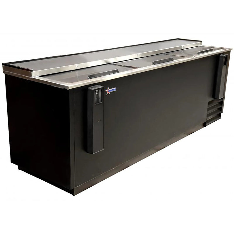 Omcan 50041 commercial 95-inch horizontal bottle cooler in black with stainless steel top and three sliding lids