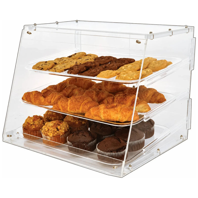 Omcan 80568 3-tray acrylic bakery display case stocked with pastries and muffins, angled view