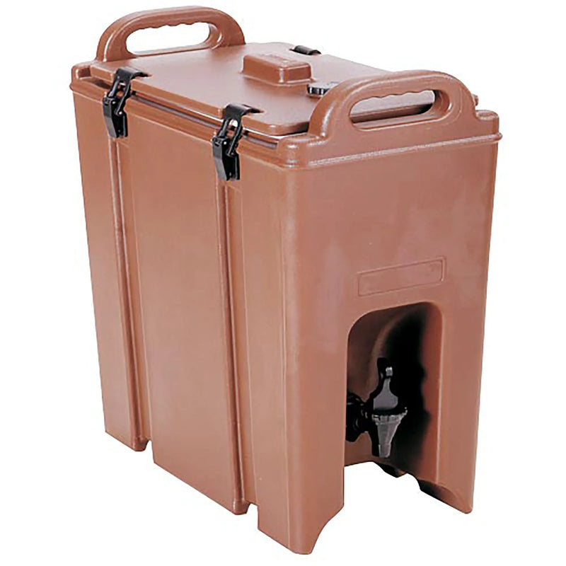 Omcan 80901 insulated 9.4L beverage dispenser in brown plastic with carry handles, latching lid and spigot