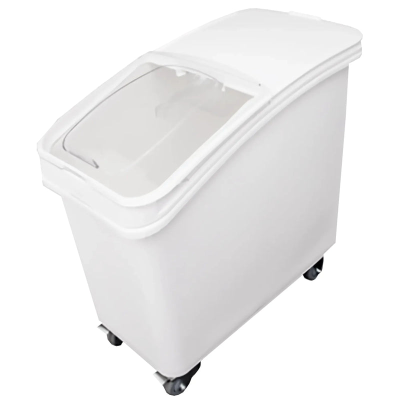 Omcan 80986 27 gallon white mobile ingredient bin with casters, sliding clear lid and front handle, angled view