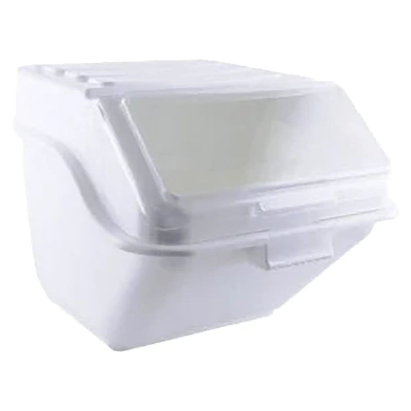 Omcan 80989 10 gallon white ingredient bin with clear hinged sliding lid, angled front view