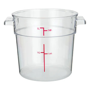 Omcan clear polypropylene round storage container with handles and red graduations to 1 quart, smallest size