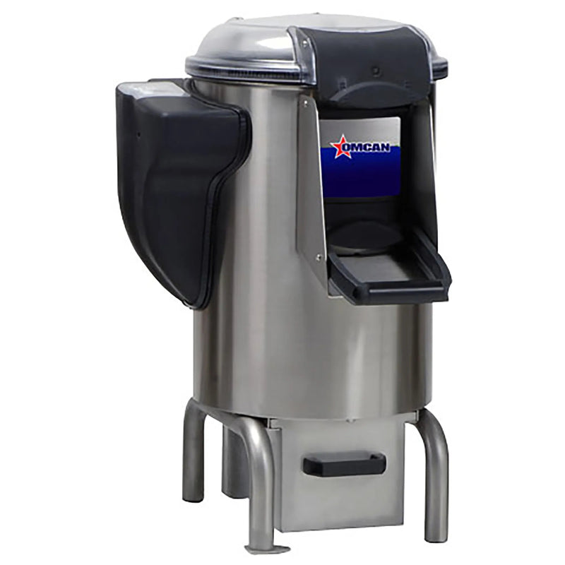 Omcan Elite 44184 electric 22 lb potato peeler with stainless steel drum, black lid and discharge door on a stand