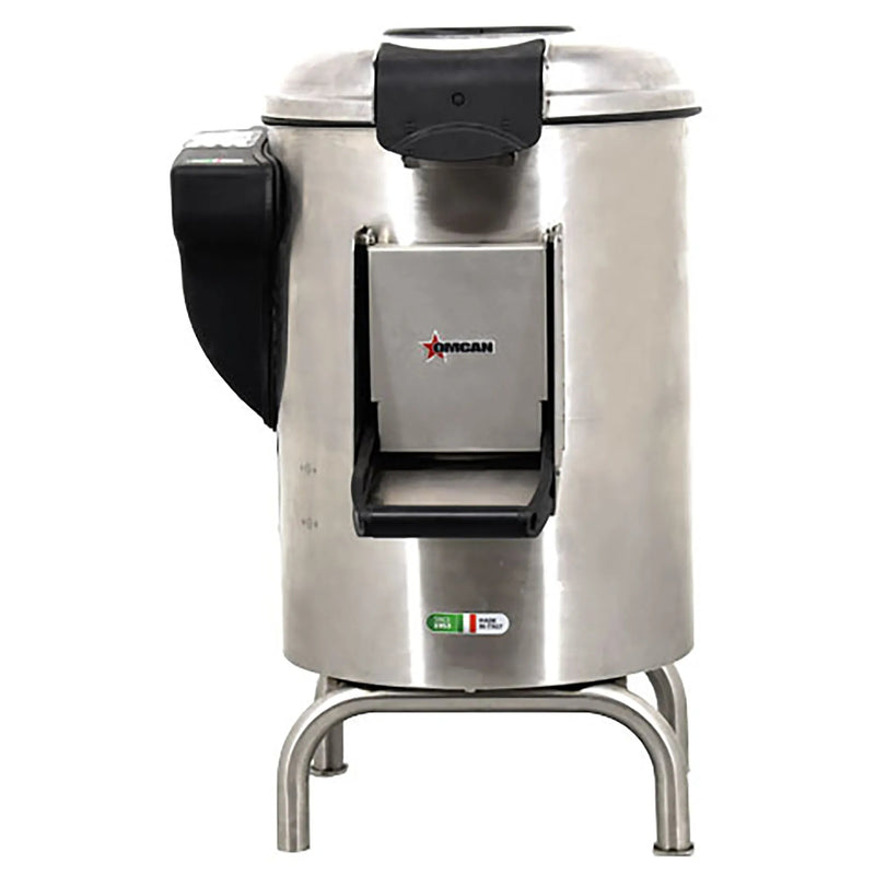 Omcan Elite 47055 electric 66 lb potato peeler with stainless steel drum, black chute and discharge door, front view
