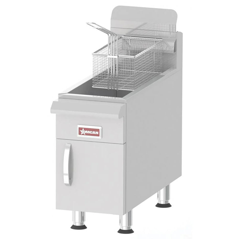 Omcan natural gas/propane 15 lb fryer in stainless steel with two fry baskets, cabinet door and legs, angled view