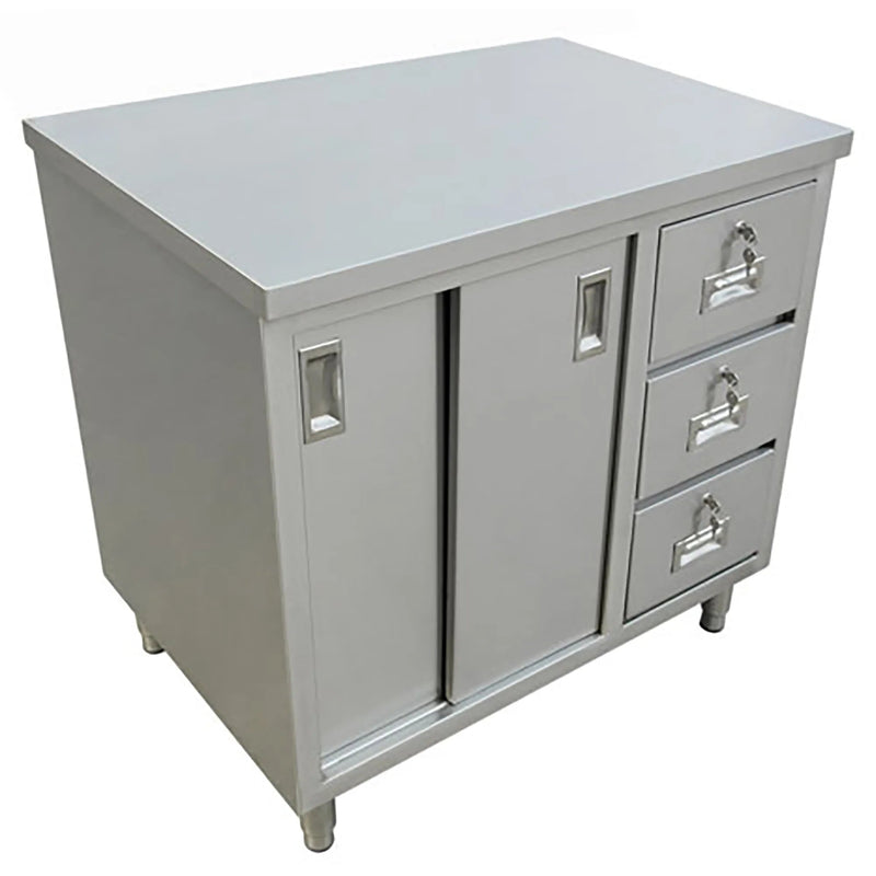 Omcan stainless steel closed dish cabinet with drawers, sliding doors and three drawers, option without backsplash