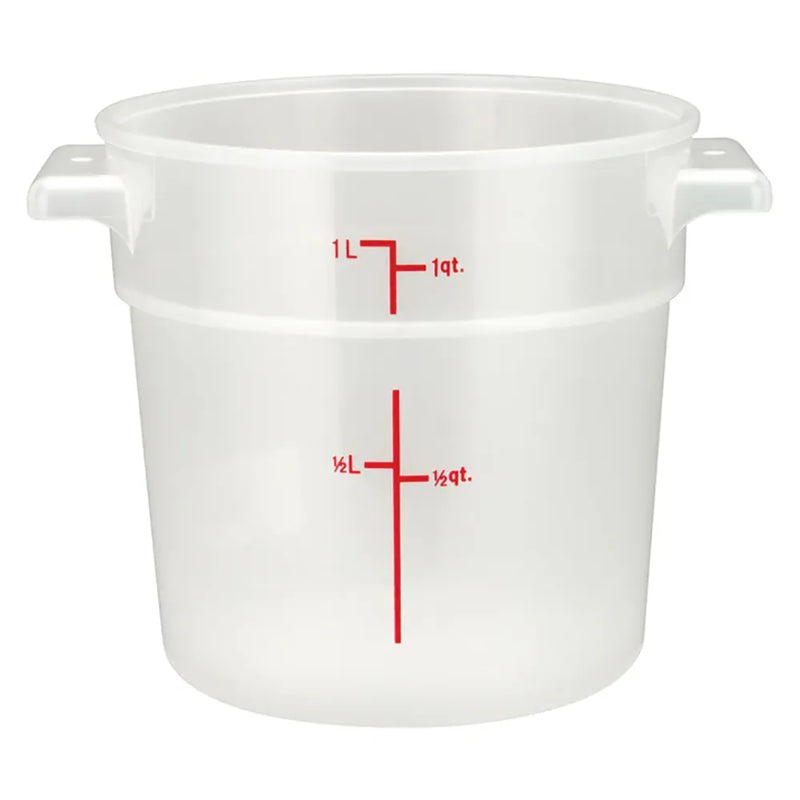 Omcan translucent polypropylene round storage container with handles and red graduations to 1 quart, smallest size