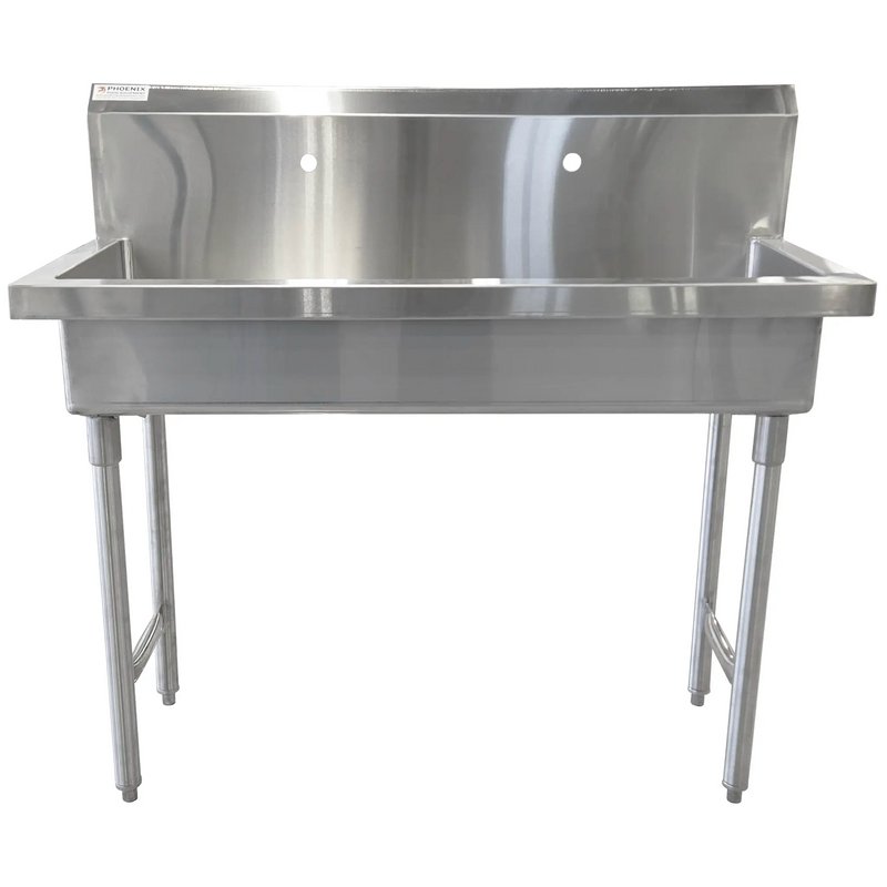 Phoenix MSH Series free standing stainless steel multi-station hand washing sink with backsplash, front angled view