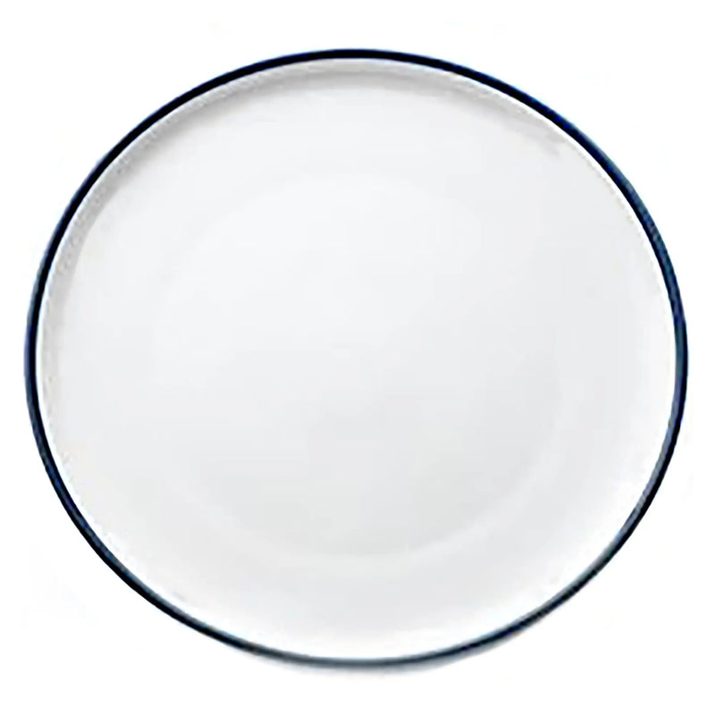 Phoenix Milford white ceramic plate with dark blue rim band, top-down view of the larger size option