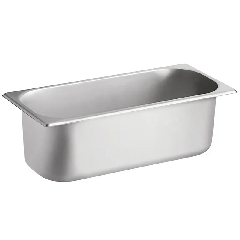 Phoenix STP22 Series 22 gauge 5L stainless steel gelato pan with rolled rim edge, angled view of the deep pan