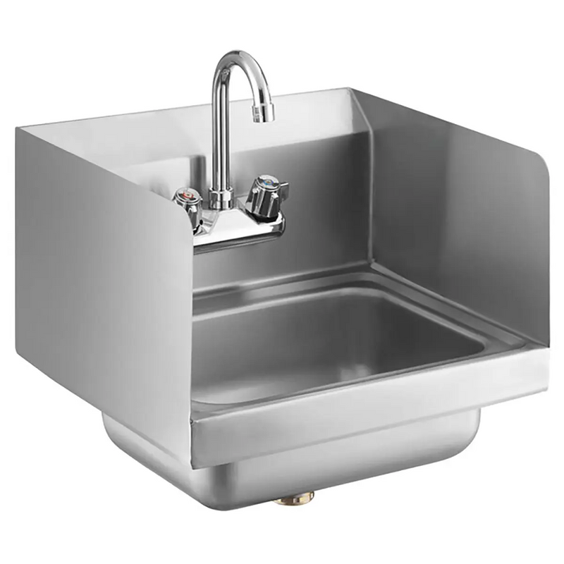 Phoenix WHS18G small wall mounted stainless steel hand sink with side splash guards and gooseneck faucet, angled