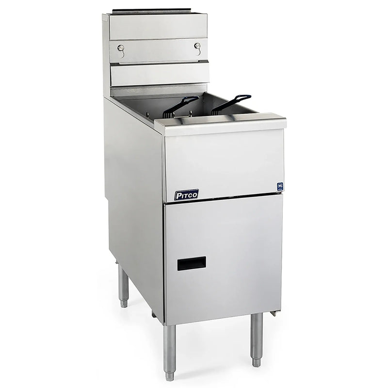 Pitco SG18S 70-90 lb gas floor fryer in stainless steel with twin fry baskets and cabinet door, angled view
