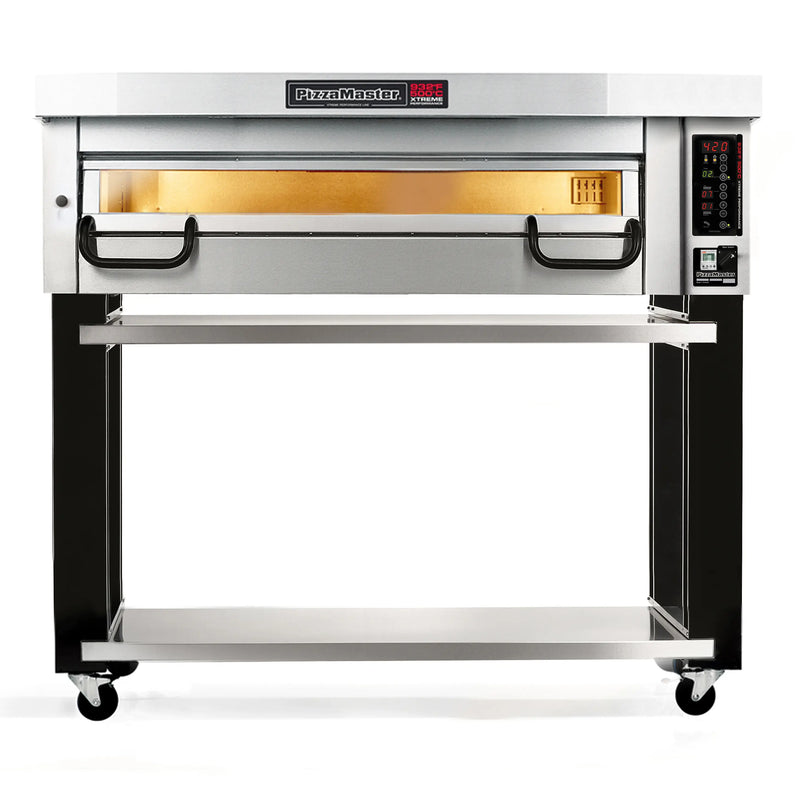 PizzaMaster PM83 electric 48-inch wide single deck pizza oven on a black and stainless steel stand with casters