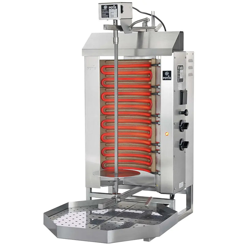 Potis E2 electric 2 control shawarma broiler, stainless steel with glowing heating elements and grease pan, angled