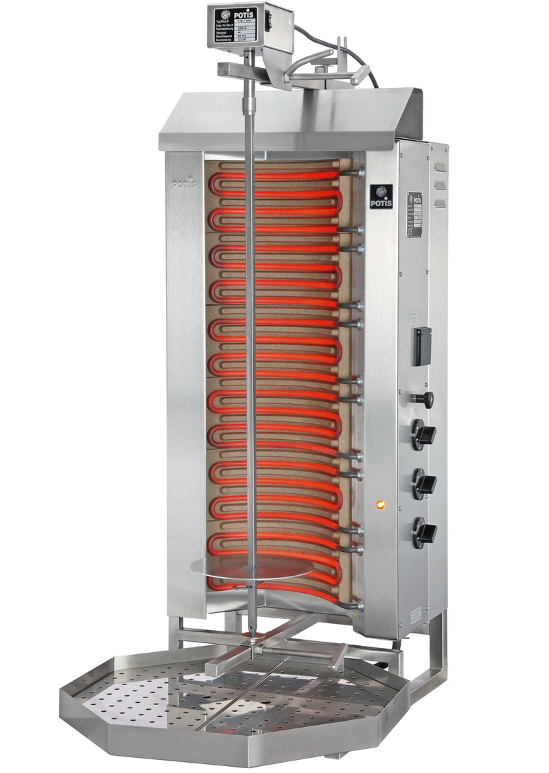 Potis E3 electric vertical shawarma broiler with three controls, stainless steel with glowing heating elements