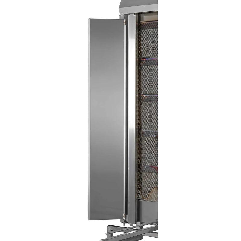 Potis GD Series heat deflector for shawarma broilers, tall stainless steel shield panel shown on the side of a broiler
