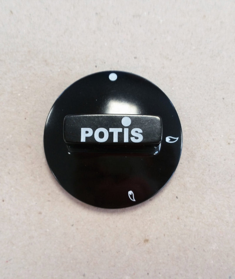 Potis GDS-GTN gas knob, round black control knob with white Potis logo and pointer marking, top view