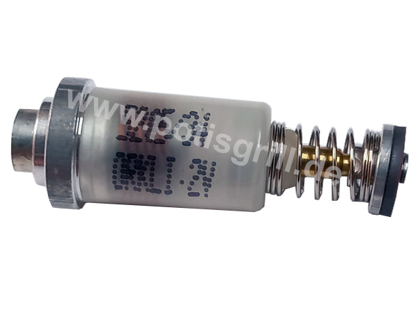 Potis GDS-MC magnetic coil for gas valve, silver cylindrical safety magnet with spring plunger, side view