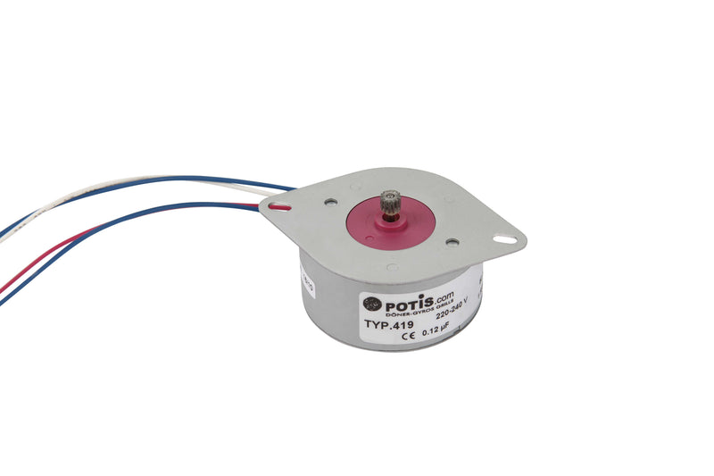 Potis GDS-MOTSP motor spool, small round synchronous motor with red drive hub, mounting flange and wire leads