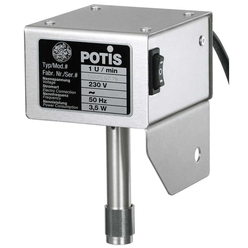 Potis GDS-TMOT motor for top mounted shawarma broilers, stainless steel housing with spec label and drive shaft