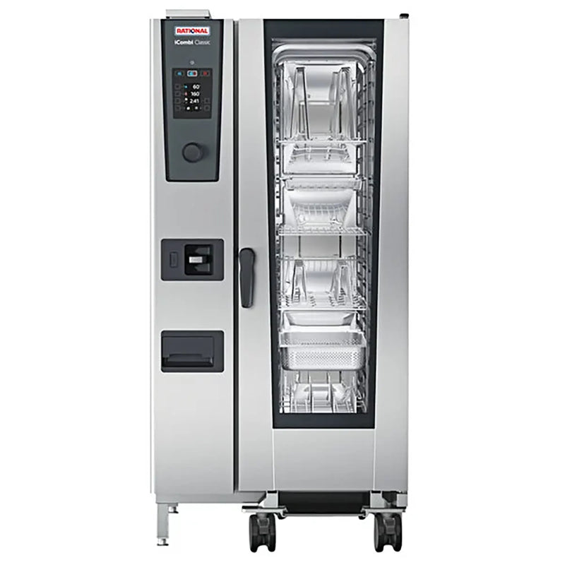 Rational iCombi Classic 20 half size natural gas or propane floor combi oven with manual controls and roll-in rack