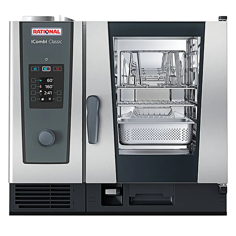 Rational iCombi Classic 6 half size natural gas or propane combi oven, front view with manual controls and glass door