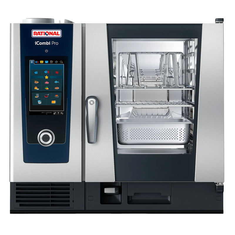 Rational iCombi Pro 6 half size electric combi oven, front view with blue touchscreen panel and glass door with racks