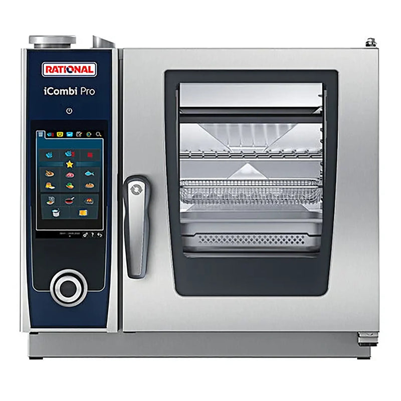 Rational iCombi Pro XS 4 half size electric combi oven with blue digital touchscreen and glass door showing racks