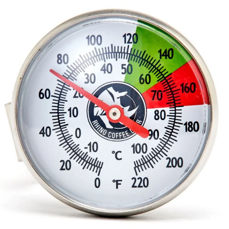 Rhino short milk thermometer, close-up of the dial with Celsius and Fahrenheit scales and colour zones