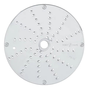Robot Coupe grater disc for Expert food processors, stainless steel with fine grating holes in curved rows, top view