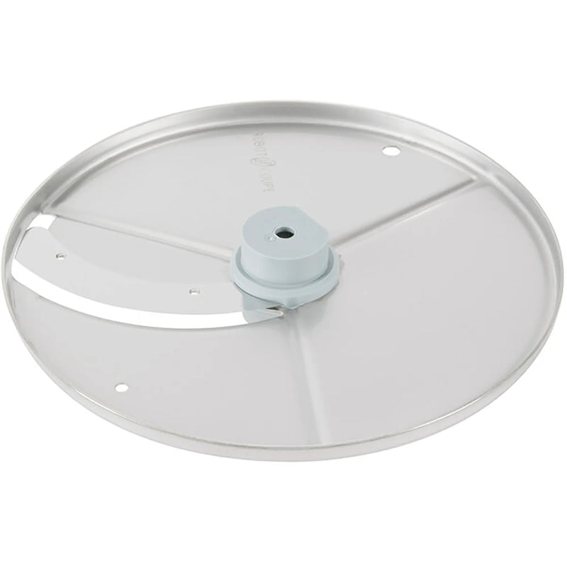 Robot Coupe slicing disc for Essential food processors, stainless steel disc with grey hub and single blade, top view