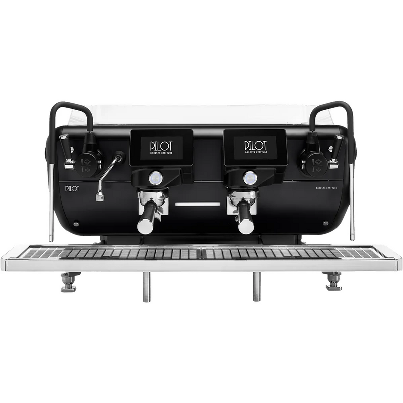 STORM Barista Attitude PILOT raised two group espresso machine in black, front view with steam wands and drip tray