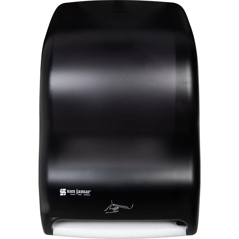 San Jamar T1400TBK black pearl touchless roll paper towel dispenser with IQ sensor window on front, front view