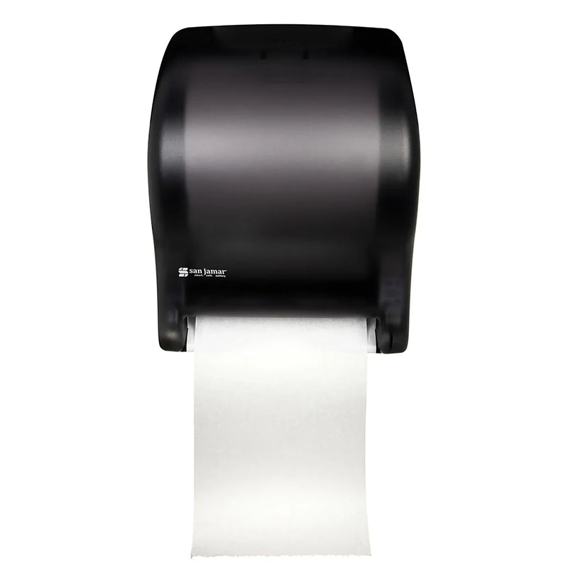 San Jamar T8000TBK compact touchless roll paper towel dispenser in black pearl with white towel dispensed, front view