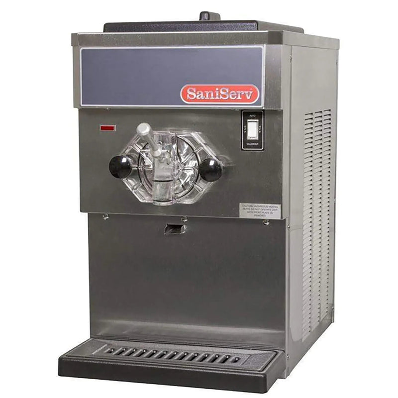 SaniServ 608 single frozen smoothie machine, 0.75 HP, stainless steel with clear freezing barrel door and drip tray