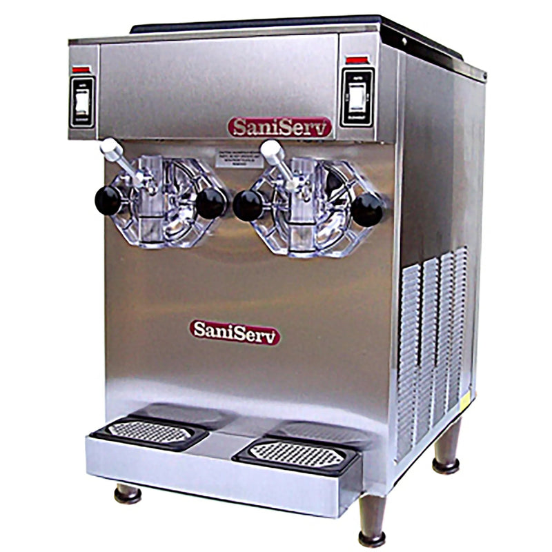 SaniServ 691 double frozen smoothie machine, 1 HP, stainless steel with two clear barrel doors and drip trays