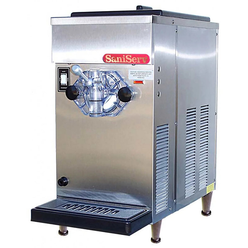 SaniServ 707 single frozen smoothie machine, 0.5 HP, compact stainless steel cabinet with clear barrel door, angled