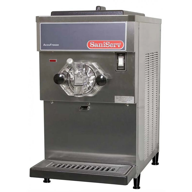 SaniServ 709 single frozen smoothie machine, 1 HP, stainless steel with clear freezing barrel door, front view