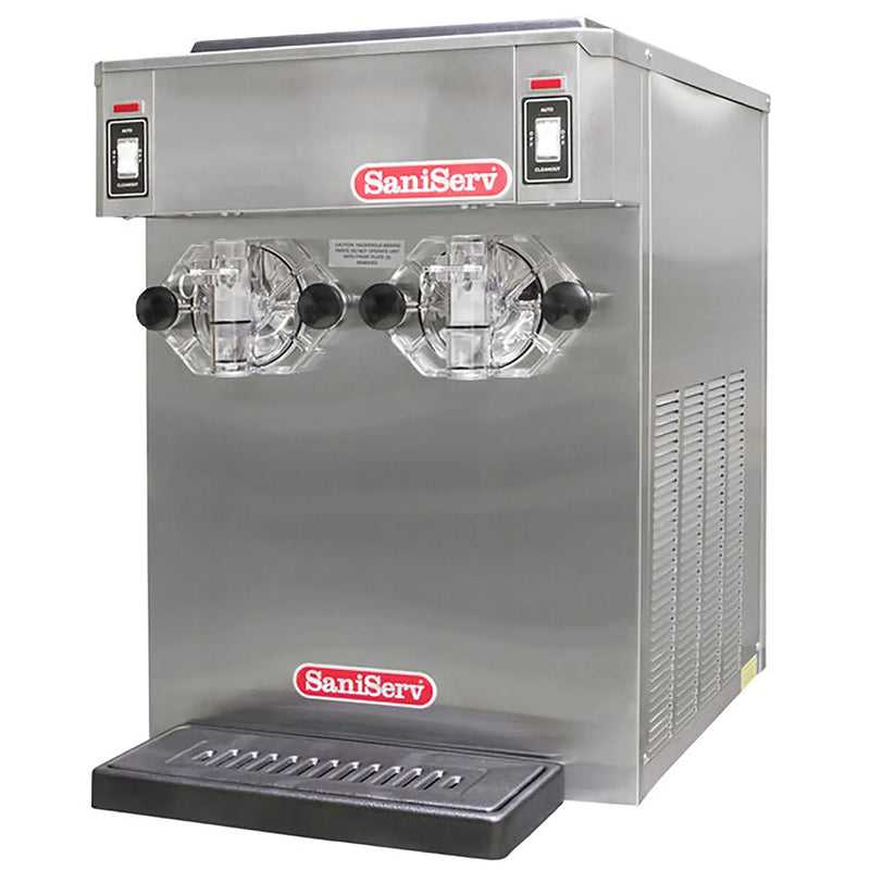 SaniServ 791 double frozen smoothie machine, 1 HP, stainless steel with two clear barrel doors and wide drip tray