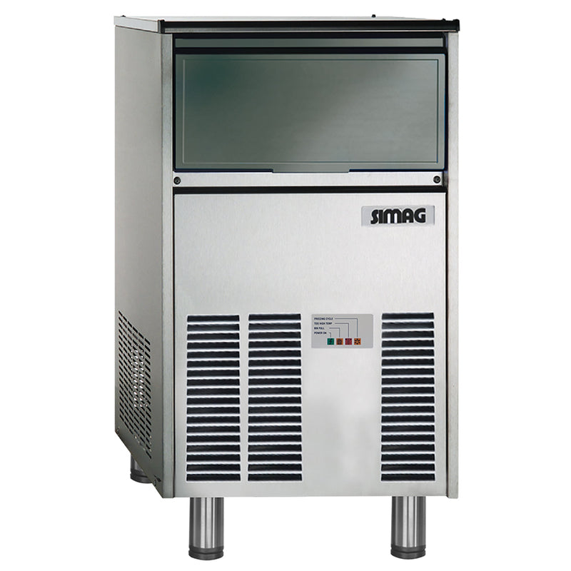Simag SCH30 undercounter cube ice machine with 18 lb storage, stainless steel cabinet and front panel, angled